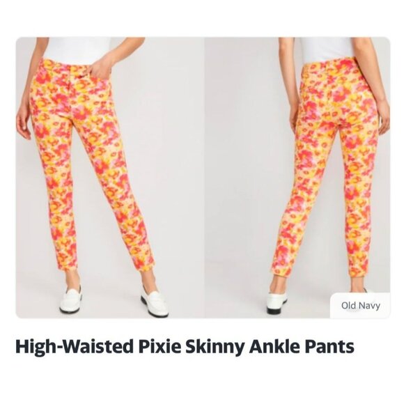 Old Navy Womens High-Rise Pixie Skinny Ankle Pants Pink Orange Floral Print 6 - Picture 2 of 9